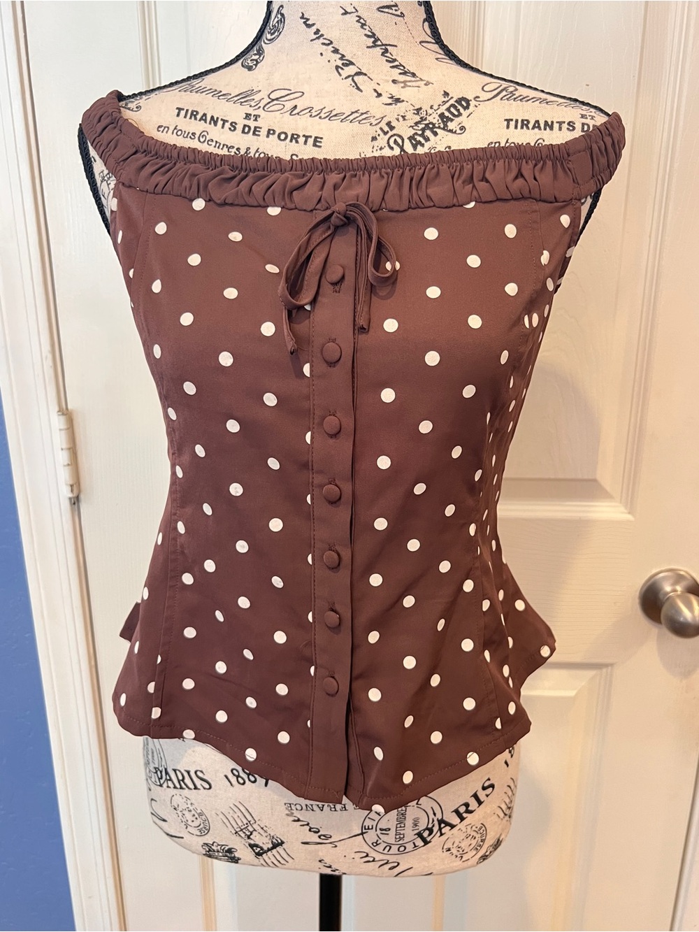 Brown Polka Dot Off-Shoulder Button-Front Top